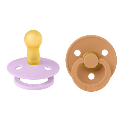 BIBS Colour Soother 2-Pack, BPA Free Dummy Pacifier, Round Nipple. Natural Rubber Latex, Made in Denmark, Size 2 (6-18 Months), Violet Sky/Pumpkin