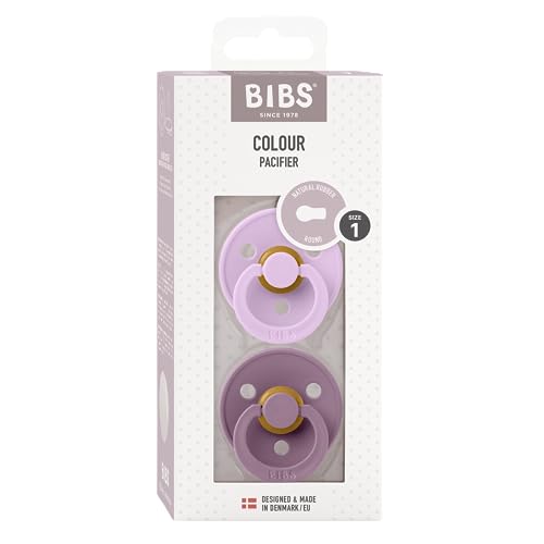 BIBS Colour Soother 2-Pack, BPA Free Dummy Pacifier, Round Nipple. Natural Rubber Latex, Made in Denmark, Size 1 (0-6 Months), Violet Sky/Mauve