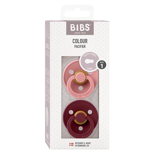 BIBS Colour Soother 2-Pack, BPA Free Dummy Pacifier, Round Nipple. Natural Rubber Latex, Made in Denmark, Size 1 (0-6 Months), Dusty Pink/Elderberry