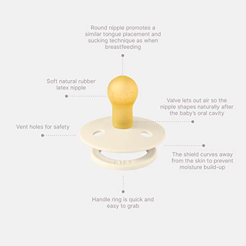 BIBS Colour Soother 2-Pack, BPA Free Dummy Pacifier, Round Nipple. Natural Rubber Latex, Made in Denmark, Size 1 (0-6 Months), Dusty Pink/Elderberry