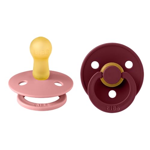 BIBS Colour Soother 2-Pack, BPA Free Dummy Pacifier, Round Nipple. Natural Rubber Latex, Made in Denmark, Size 2 (6-18 Months), Dusty Pink/Elderberry