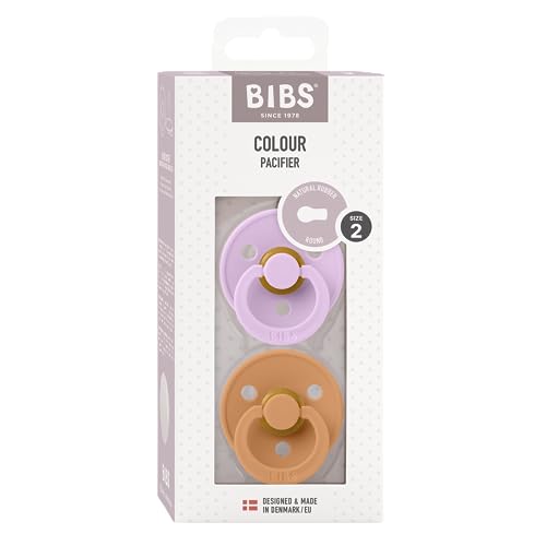 BIBS Colour Soother 2-Pack, BPA Free Dummy Pacifier, Round Nipple. Natural Rubber Latex, Made in Denmark, Size 2 (6-18 Months), Violet Sky/Pumpkin