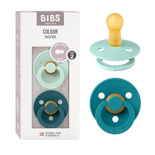 BIBS Colour Soother 2-Pack, BPA Free Dummy Pacifier, Round Nipple. Natural Rubber Latex, Size 2 (6-18 Months), Nordic Mint/Forest Lake