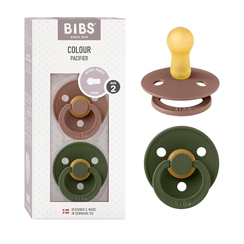 BIBS Colour Soother 2-Pack, BPA Free Dummy Pacifier, Round Nipple. Natural Rubber Latex, Size 2 (6-18 Months), Woodchuck/Hunter Green