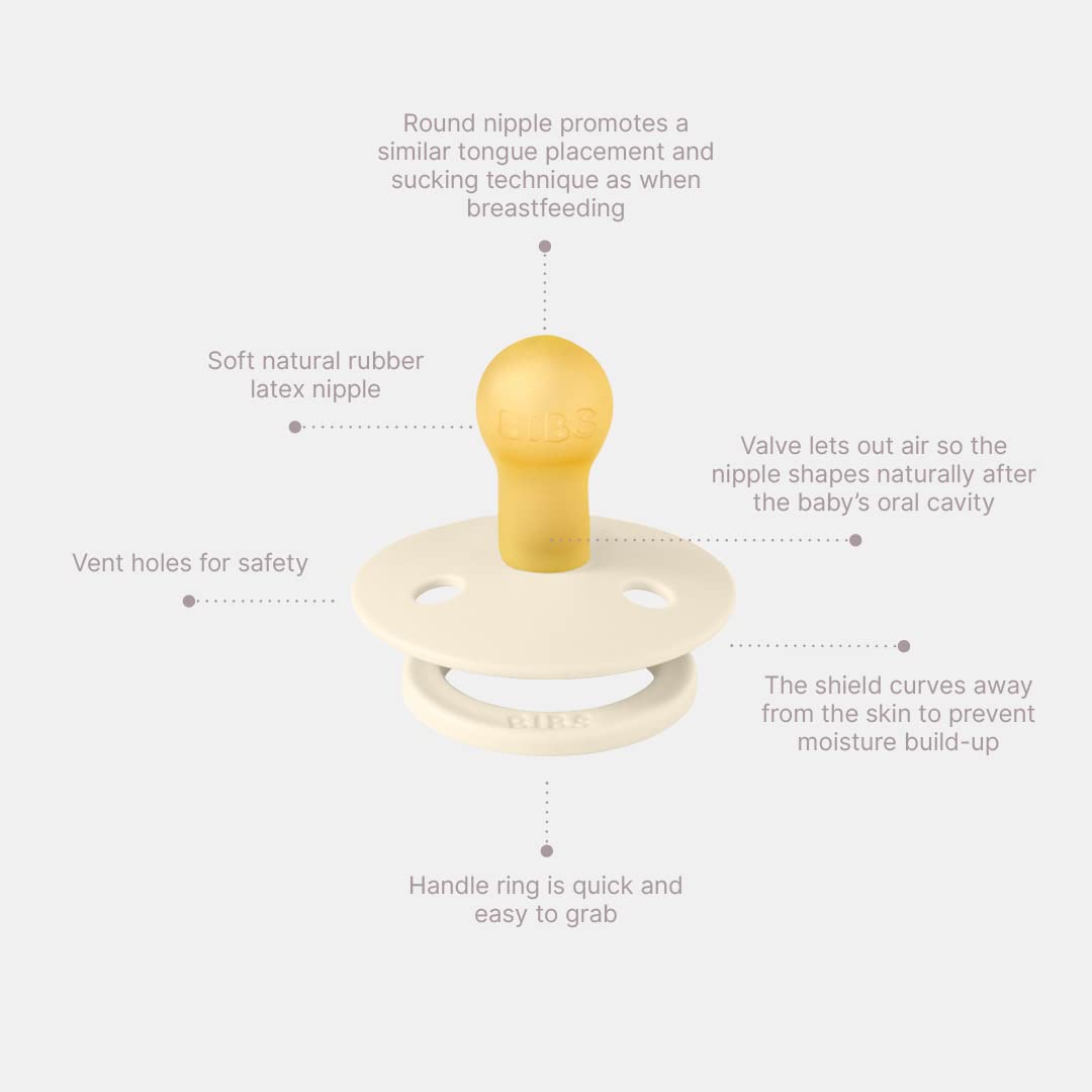 BIBS Colour Soother 2-Pack, BPA Free Dummy Pacifier, Round Nipple. Natural Rubber Latex, Made in Denmark, Size 2 (6-18 Months), Vanilla/Pine