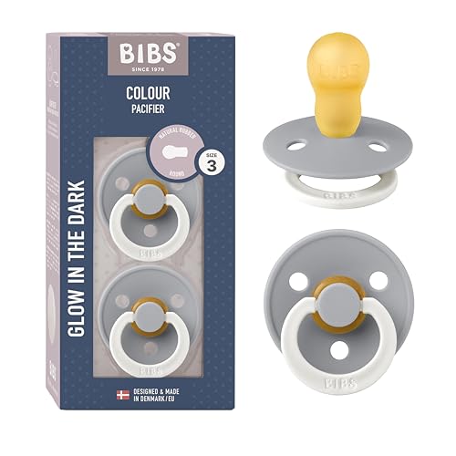 BIBS Colour Night Soother 2-Pack, BPA Free Dummy Pacifier, Symmetrical Nipple. Natural Rubber Latex, Made in Denmark, Size 3 (18+ Months), Cloud Glow