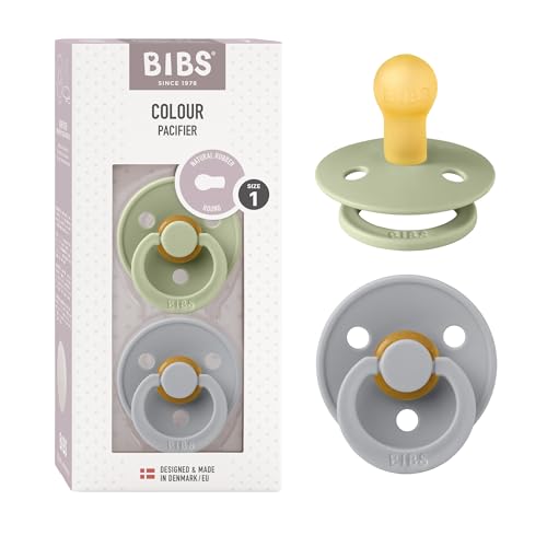 BIBS Colour Soother 2-Pack, BPA Free Dummy Pacifier, Round Nipple. Natural Rubber Latex, Size 1 (0-6 Months), Sage/Cloud