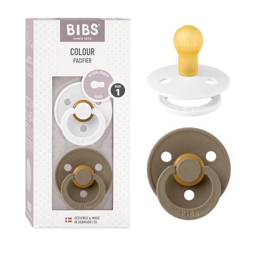 BIBS Colour Soother 2-Pack, BPA Free Dummy Pacifier, Round Nipple. Natural Rubber Latex, Size 1 (0-6 Months), White/Dark Oak