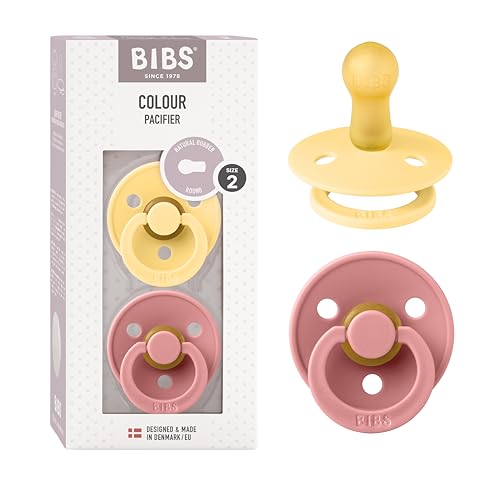 BIBS Colour Soother 2-Pack, BPA Free Dummy Pacifier, Round Nipple. Natural Rubber Latex, Made in Denmark. 6-18 Months (Pack of 2), Pale Butter/Dusty