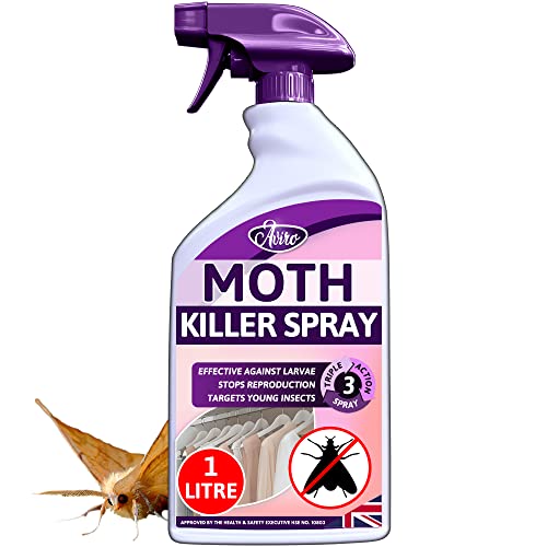 Aviro Moth Killer Spray (1 Litre) - Fast Acting Moth Repellent Killer For Carpet Moth Treatment. Professional Strength Moth Repellent For Wardrobes