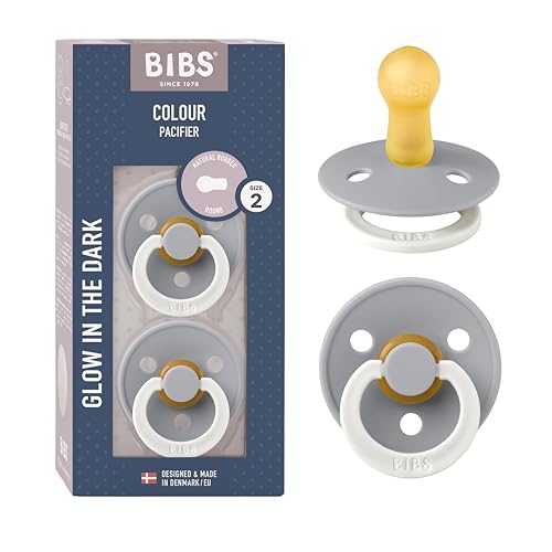 BIBS Colour Night Soother 2-Pack, BPA Free Dummy Pacifier, Symmetrical Nipple. Natural Rubber Latex, Made in Denmark, Size 2 (6-18 Months), Cloud Glow