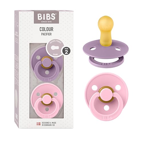 BIBS Colour Soother 2-Pack, BPA Free Dummy Pacifier, Round Nipple. Natural Rubber Latex, Size 2 (6-18 Months), Lavender/Baby Pink