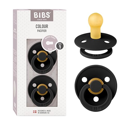 BIBS Colour Soother 2-Pack, BPA Free Dummy Pacifier, Symmetrical Nipple. Natural Rubber Latex, Made in Denmark, Size 1 (0-6 Months), Black