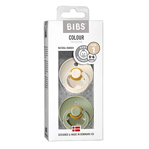 BIBS Colour Soother 2-Pack, BPA Free Dummy Pacifier, Round Nipple. Natural Rubber Latex, Size 1 (0-6 Months), Ivory/Sage