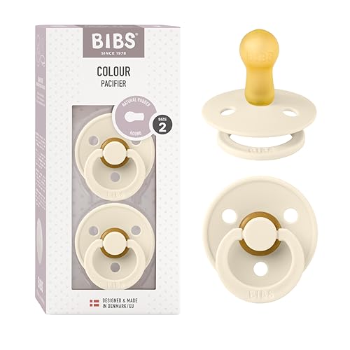 BIBS Colour Soother 2-Pack, BPA Free Dummy Pacifier, Symmetrical Nipple. Natural Rubber Latex, Made in Denmark, Size 2 (6-18 Months), Ivory