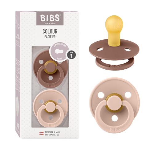 BIBS Colour Soother 2-Pack, BPA Free Dummy Pacifier, Round Nipple. Natural Rubber Latex, Size 1 (0-6 Months), Woodchuck/Blush
