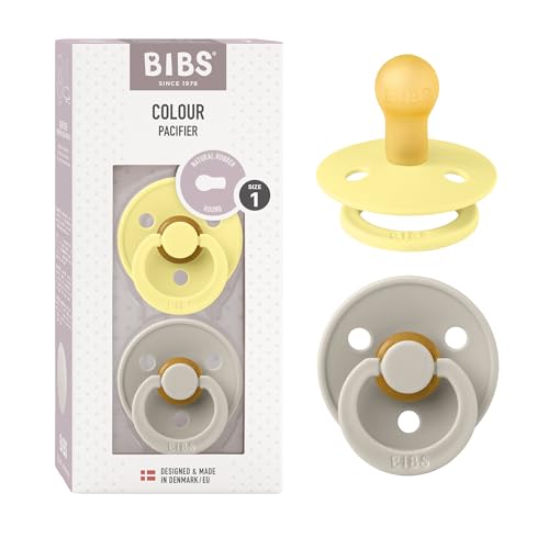 BIBS Colour Soother 2-Pack, BPA Free Dummy Pacifier, Round Nipple. Natural Rubber Latex, Size 1 (0-6 Months), Sunshine/Sand