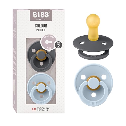 BIBS Colour Soother 2-Pack, BPA Free Dummy Pacifier, Round Nipple. Natural Rubber Latex, Size 2 (6-18 Months), Iron/Baby Blue