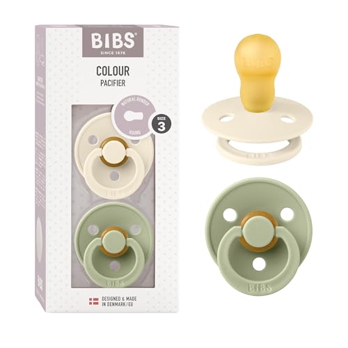 BIBS Colour Soother 2-Pack, BPA Free Dummy Pacifier, Round Nipple. Natural Rubber Latex, Size 3 (18+ Months), Ivory/Sage