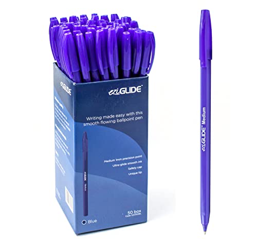 Eziglide Ballpoint Blue Pens, Pack of 50 Ballpoint Pens, Smooth Writing Action - Medium Point Nib (1.0mm) Blue Pen Multipack, Ball Point Pens; Ideal
