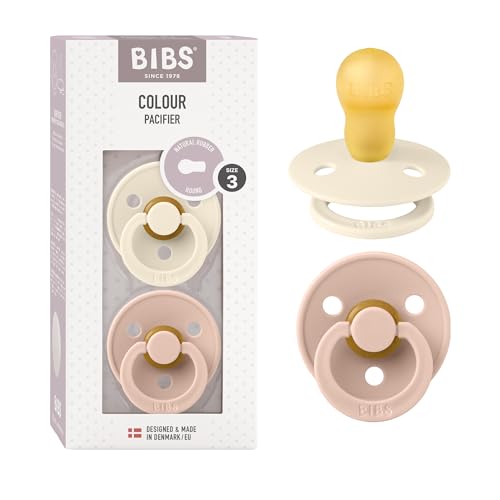 BIBS Colour Soother 2-Pack, BPA Free Dummy Pacifier, Round Nipple. Natural Rubber Latex, Size 3 (18+ Months), Ivory/Blush