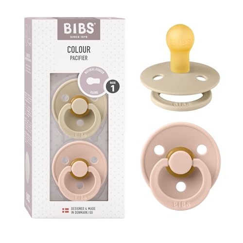 BIBS Colour Soother 2-Pack, BPA Free Dummy Pacifier, Round Nipple. Natural Rubber Latex, Size 1 (0-6 Months), Vanilla/Blush