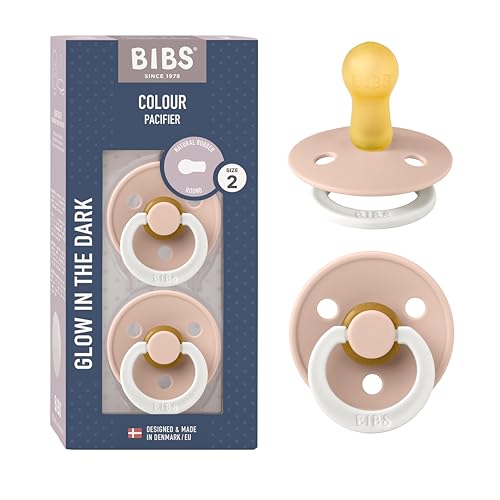BIBS Colour Night Soother 2-Pack, BPA Free Dummy Pacifier, Symmetrical Nipple. Natural Rubber Latex, Made in Denmark, Size 2 (6-18 Months), Blush Glow