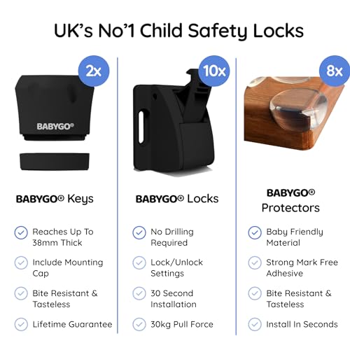 BABYGO? Magnetic Child Safety Cupboard Locks for Children 10 Locks, 2 Keys & 8 Free Corner Protectors Baby Proofing Kitchen Cabinets & Drawers Easy 30
