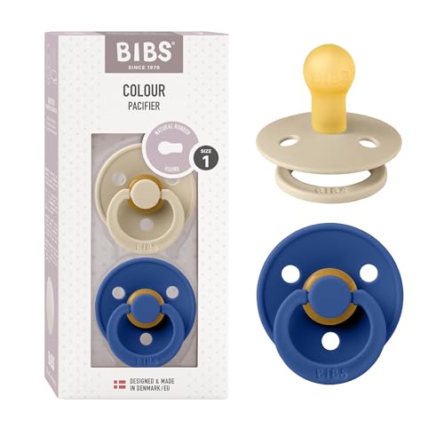 BIBS Colour Soother 2-Pack, BPA Free Dummy Pacifier, Round Nipple. Natural Rubber Latex, Made in Denmark. 0-6 Months (Pack of 2), Vanilla/Cornflower