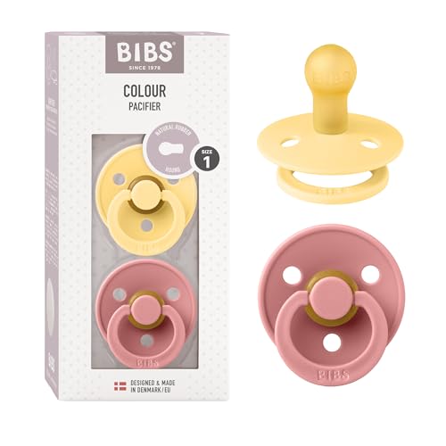 BIBS Colour Soother 2-Pack, BPA Free Dummy Pacifier, Round Nipple. Natural Rubber Latex, Made in Denmark. 0-6 Months (Pack of 2), Pale Butter/Dusty