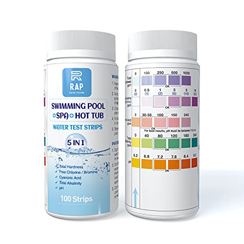 5 in 1 Water quality testing strips for hot tubs, swimming pools or spas. Easy, accurate and quick detection of pH, Free Chlorine/Bromine, Total