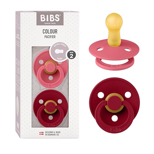 BIBS Colour Soother 2-Pack, BPA Free Dummy Pacifier, Round Nipple. Natural Rubber Latex, Size 2 (6-18 Months), Coral/Ruby