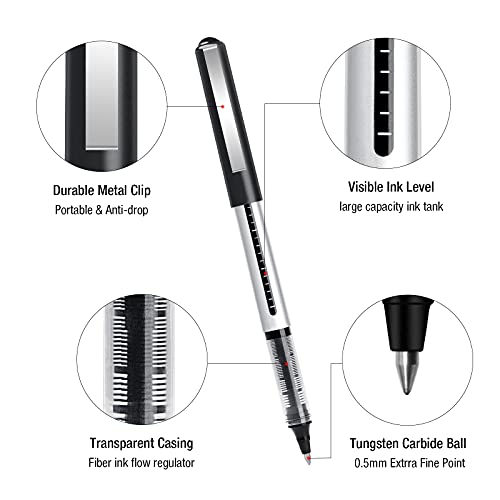 AKARUED Rollerball Pens 24 Pack Black Gel Pens, 0.5mm Liquid Ink Rollerball Pen, Quick-Drying Ballpoint Pens Writing Pens for Bullet Journal,