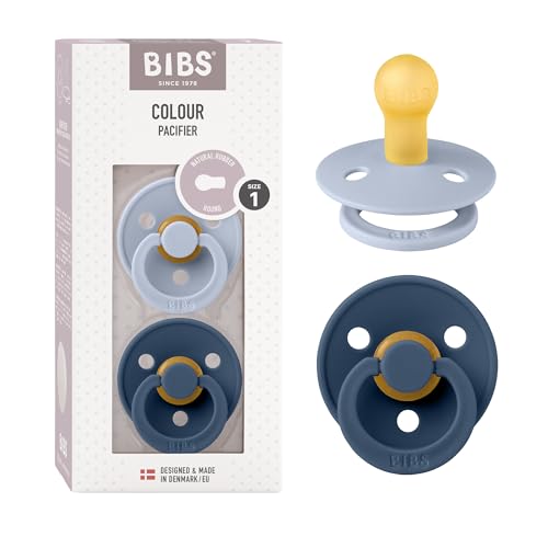 BIBS Colour Soother 2-Pack, BPA Free Dummy Pacifier, Round Nipple. Natural Rubber Latex, Made in Denmark. 0-6 Months (Pack of 2), Dusty Blue/Steel