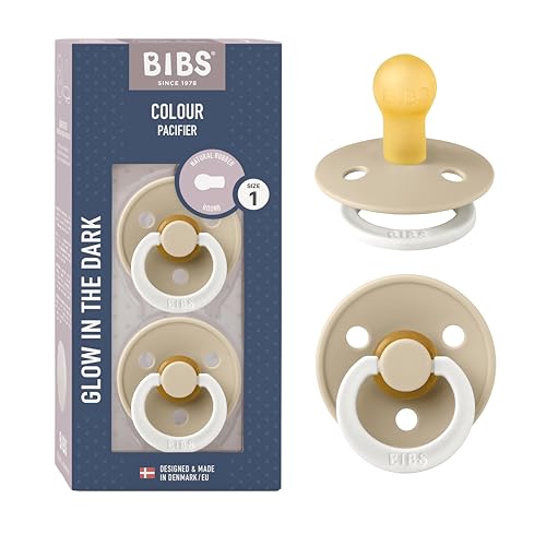 BIBS Colour Night Soother 2-Pack, BPA Free Dummy Pacifier, Symmetrical Nipple. Natural Rubber Latex, Made in Denmark, Size 1 (0-6 Months), Vanilla