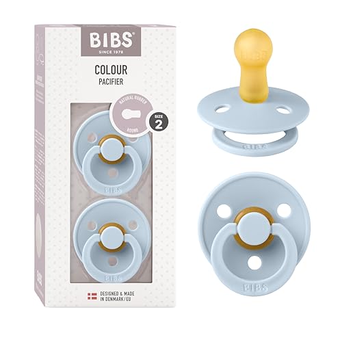 BIBS Colour Soother 2-Pack, BPA Free Dummy Pacifier, Symmetrical Nipple. Natural Rubber Latex, Made in Denmark, Size 2 (6-18 Months), Baby Blue