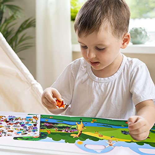 ASTARON 3D Sticker Scenes Book for Kids,88 Pcs Reusable Animals Jelly Stickers for Toddlers, Puffy Sticker Game Educational Sensory Learning Toy,