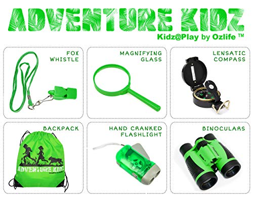 Adventure Kidz - Outdoor Exploration Kit, Children?s Toy Binoculars, Flashlight, Compass, Fox Whistle, Magnifying Glass, Backpack. Great Kids Gift Set