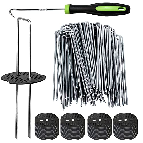 Bakulyor 50 Weed Control Membrane Pegs + 50 Buffer Washer, 6"/150mm Weed Mat Pegs, Metal Garden Landscape Staples Artificial Grass Pins Ground Cover
