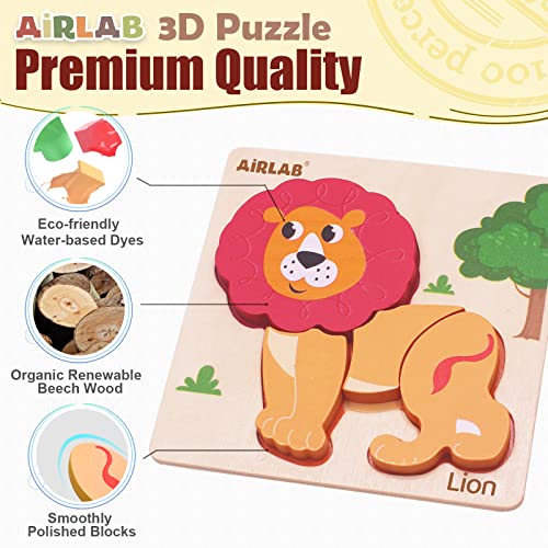 Airlab Wooden Puzzles for Toddlers Over 1 2 3+ Year Old Baby Infant Chunky Animals Shape Jigsaw Educational Preschool Learning Gift Kids Montessori