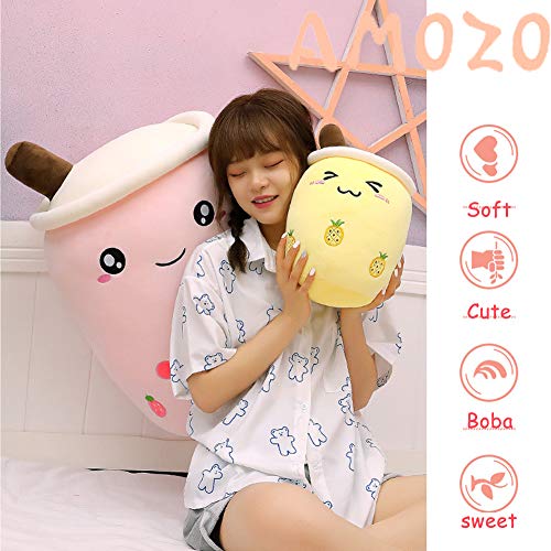 Amozo Cute Cartoon Boba Milk Tea Soft Plush Doll, Giant Boba Bubble Plushie Stuffed Tea Cup Pillow Gift Toys(Pink,24cm)