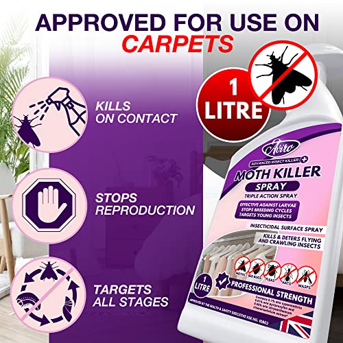 Aviro Moth Killer Spray (1 Litre) - Fast Acting Moth Repellent Killer For Carpet Moth Treatment. Professional Strength Moth Repellent For Wardrobes