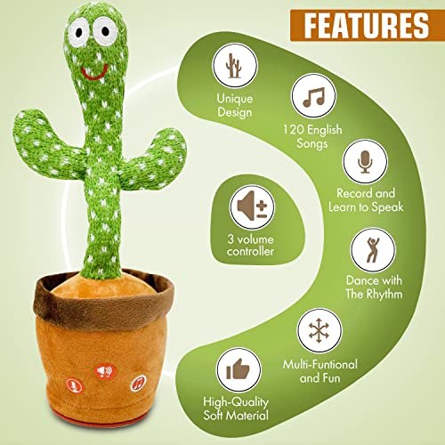 Ava's Toys Volume Control Dancing Cactus- Voice Recorder Baby Toys- Talking and Singing Plush Cactus Repeat What You Say - Educational Toys, Learning