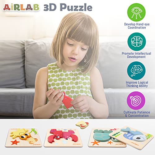 Airlab Wooden Puzzles for Toddlers, Ocean Animals Montessori Toys for Over 1 2 3+ Years Old Baby Girl Boy Gifts Educational Learning 4 Animal Patterns