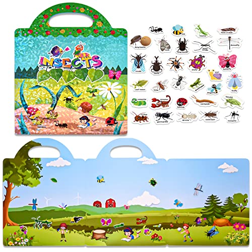 ASTARON Reusable 3D Puffy Sticker Book for Kids 3-6, Cute Waterproof Insects Stickers 88 Pcs,Puffy Sticker Game Travel Stickers and Educational