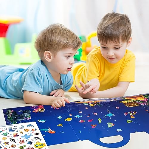 ASTARON Reusable 3D Puffy Sticker Book for Kids, 88 Pcs Cute Waterproof Ocean Animals Stickers, Puffy Sticker Game Travel Stickers and Educational