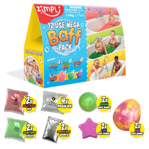 12 Use Mega Baff Pack from Zimpli Kids, 6 x Bath Bombs, 2 x Gelli Baff, 2 x Slime Baff & 2 x Crackle Baff, Children's Value Sensory Bath Toy Gift Set,