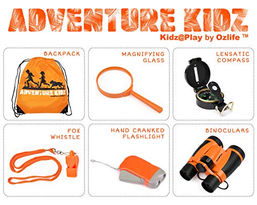 Adventure Kidz - Outdoor Exploration Kit, Children?s Toy Binoculars, Torch, Compass, Whistle, Magnifying Glass, Backpack. Great Kids Gift Set for