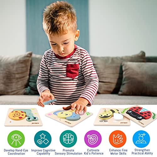 Airlab Wooden Jigsaw Puzzle for Kids, Garden Animals Chunky Shape Puzzles for Toddlers Over 1 2 3 Year Olds, Baby Montessori Preschool Educational