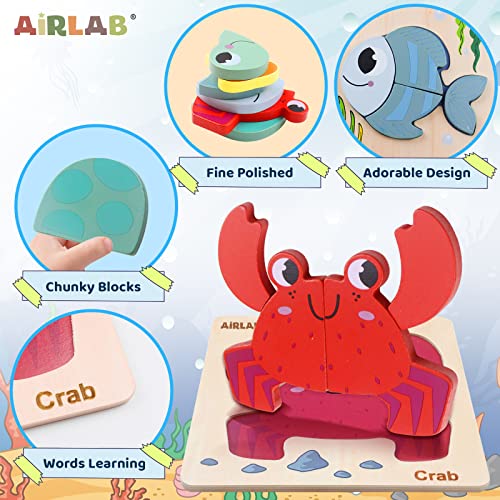 Airlab Wooden Puzzles for Toddlers, Ocean Animals Montessori Toys for Over 1 2 3+ Years Old Baby Girl Boy Gifts Educational Learning 4 Animal Patterns